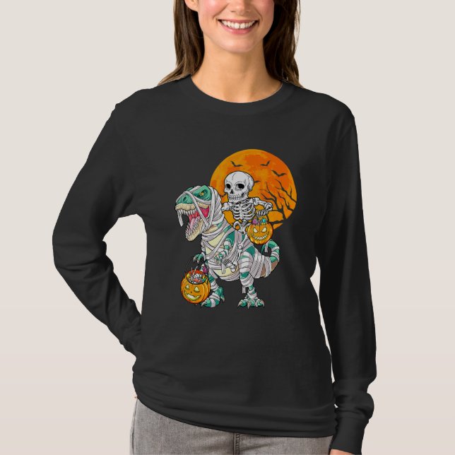 Camiseta Skeleton Riding Mummy Dinosaur Rex Halloween  Pump (Anverso)