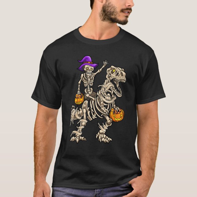 Camiseta Skeleton Riding Mummy Dinosaur rex Halloween Pump (Anverso)