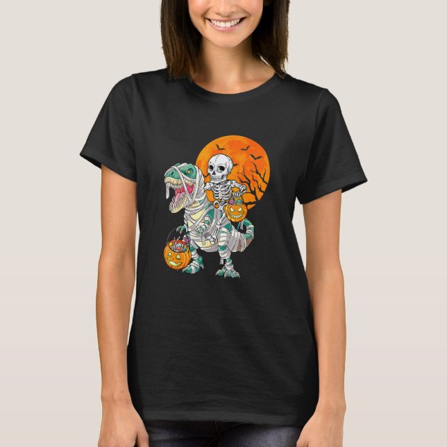 Camiseta Skeleton Riding Mummy Dinosaur Rex Halloween  Pump (Anverso)