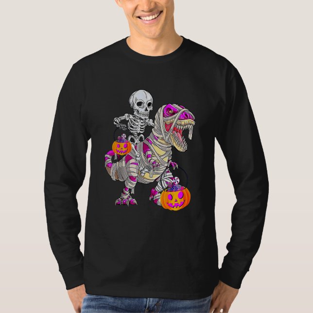 Camiseta Skeleton Riding Mummy Dinosaur Rex Halloween  Pump (Anverso)