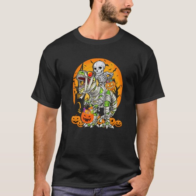 Camiseta Skeleton Riding Mummy Dinosaur rex Halloween  Pump (Anverso)