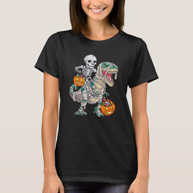 Camiseta Skeleton Riding Mummy Dinosaur rex Halloween  Pump (Anverso)
