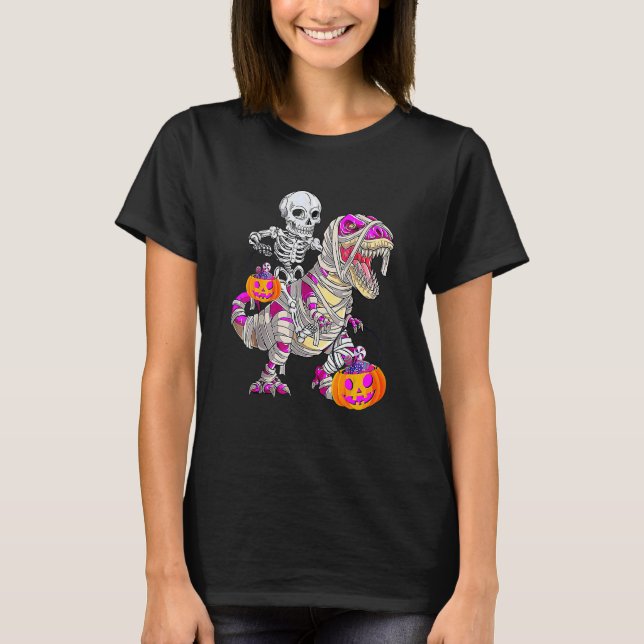 Camiseta Skeleton Riding Mummy Dinosaur Rex Halloween  Pump (Anverso)