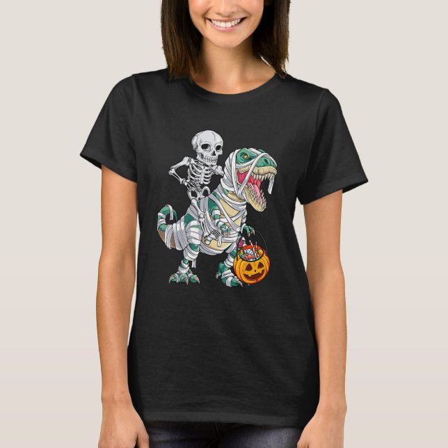Camiseta Skeleton Riding Mummy Dinosaur rex Halloween  Pump (Anverso)