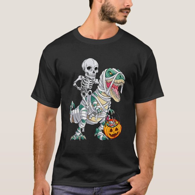 Camiseta Skeleton Riding Mummy Dinosaur rex Halloween  Pump (Anverso)