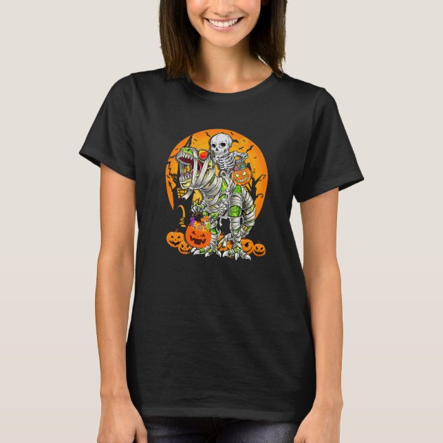 Camiseta Skeleton Riding Mummy Dinosaur rex Halloween  Pump (Anverso)