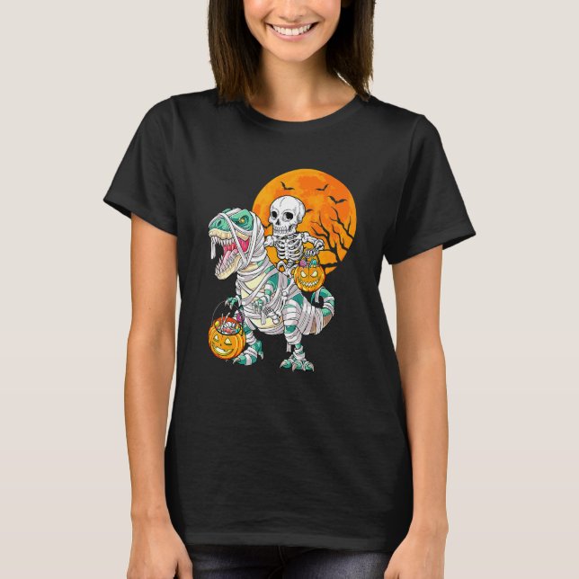 Camiseta Skeleton Riding Mummy Dinosaur Rex Halloween  Pump (Anverso)