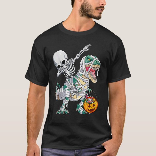 Camiseta Skeleton Riding Mummy Dinosaur Rex Halloween  Pump (Anverso)