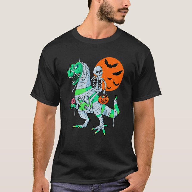 Camiseta Skeleton Riding Mummy Dinosaur rex Niños de Hallow (Anverso)