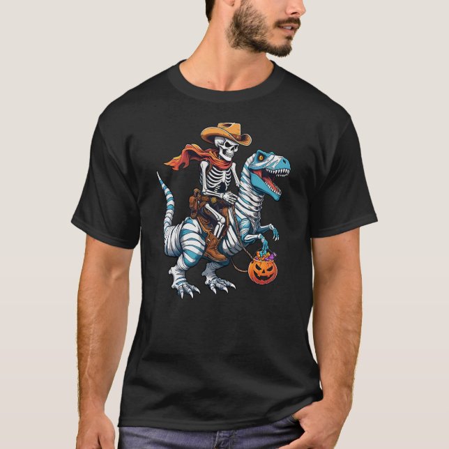 Camiseta Skeleton Riding Mummy Dinosaur T-rex Funny Hallowe (Anverso)