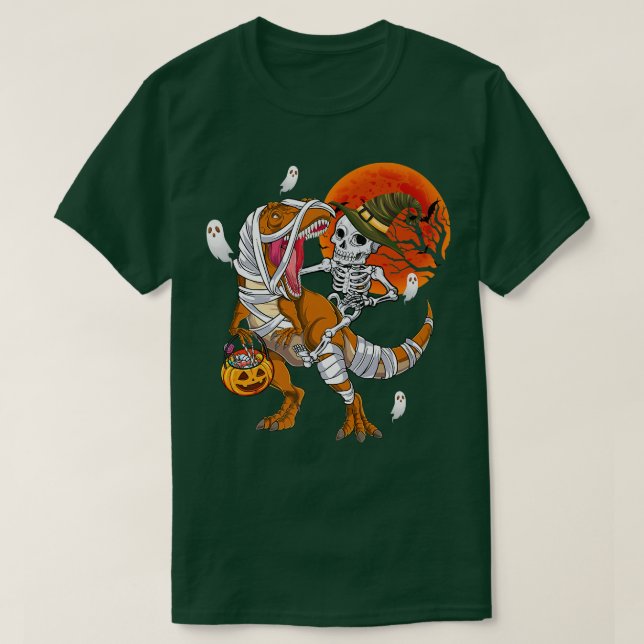 Camiseta Skeleton Riding Mummy Dinosaur T rex Funny Hallowe (Diseño del anverso)