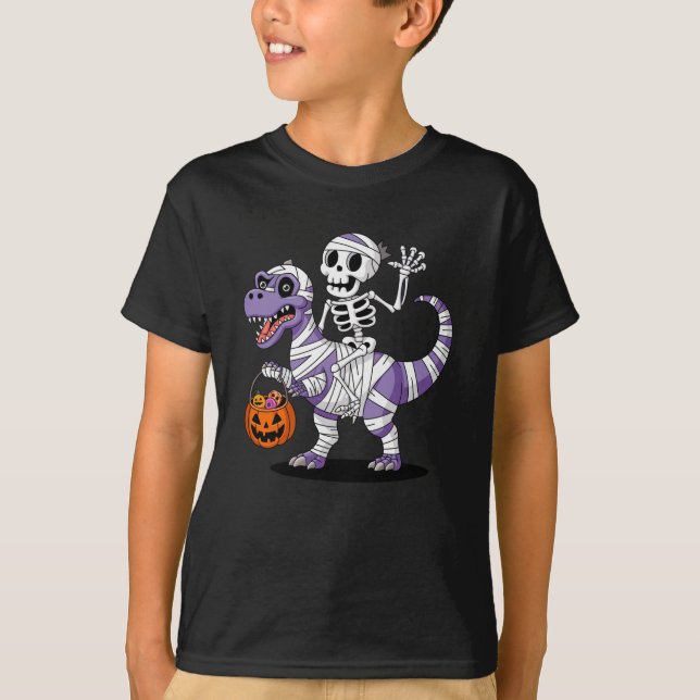 Camiseta Skeleton Riding Mummy Dinosaur T rex Halloween (Anverso)
