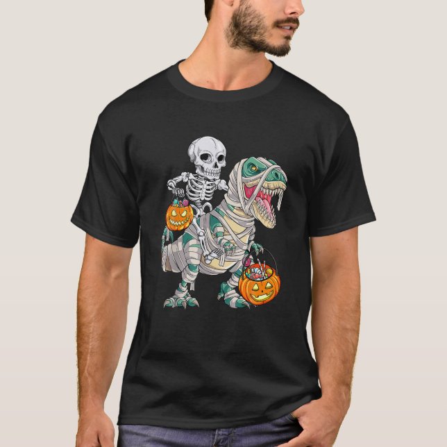 Camiseta Skeleton Riding Mummy Dinosaur T Rex Halloween Div (Anverso)