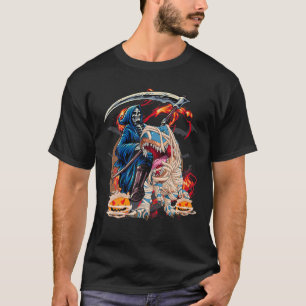 Camiseta Skeleton Riding Mummy Dinosaur T Rex Halloween Div
