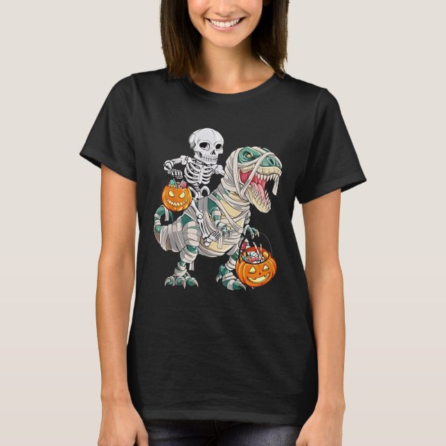 Camiseta Skeleton Riding Mummy Dinosaur T rex Halloween Div (Anverso)