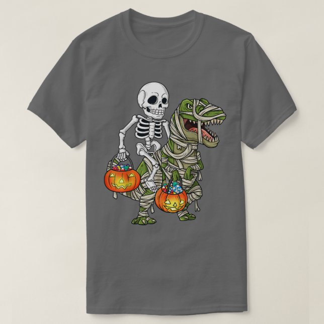 Camiseta Skeleton Riding Mummy Dinosaur T rex Halloween Div (Diseño del anverso)