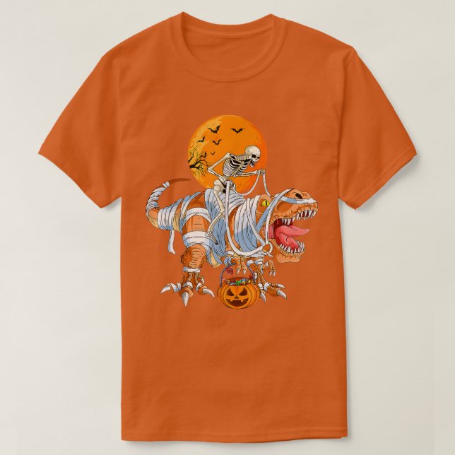 Camiseta Skeleton Riding Mummy Dinosaur T rex Halloween Div (Diseño del anverso)