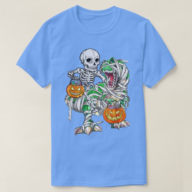 Camiseta Skeleton Riding Mummy Dinosaur T Rex Halloween Div (Diseño del anverso)