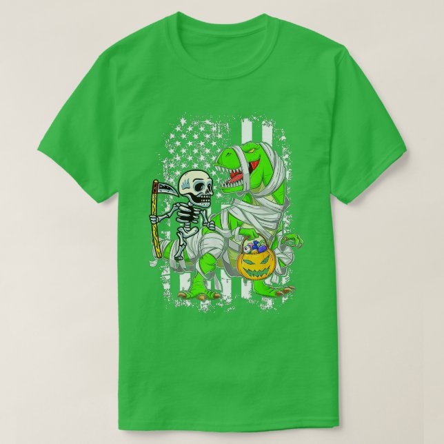 Camiseta Skeleton Riding Mummy Dinosaur T rex Halloween Div (Diseño del anverso)