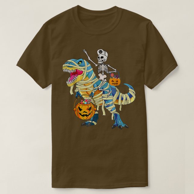 Camiseta Skeleton Riding Mummy Dinosaur T Rex Halloween Div (Diseño del anverso)