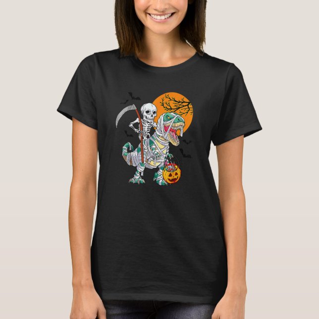 Camiseta Skeleton Riding Mummy Dinosaur T Rex Halloween Div (Anverso)