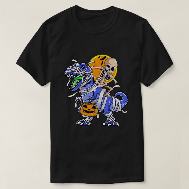 Camiseta Skeleton Riding Mummy Dinosaur T rex Halloween Div (Diseño del anverso)