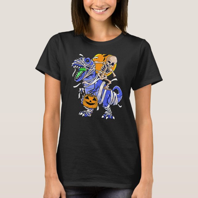 Camiseta Skeleton Riding Mummy Dinosaur T rex Halloween Div (Anverso)