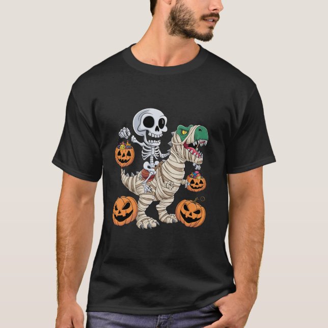 Camiseta Skeleton Riding Mummy Dinosaur T rex Halloween Div (Anverso)