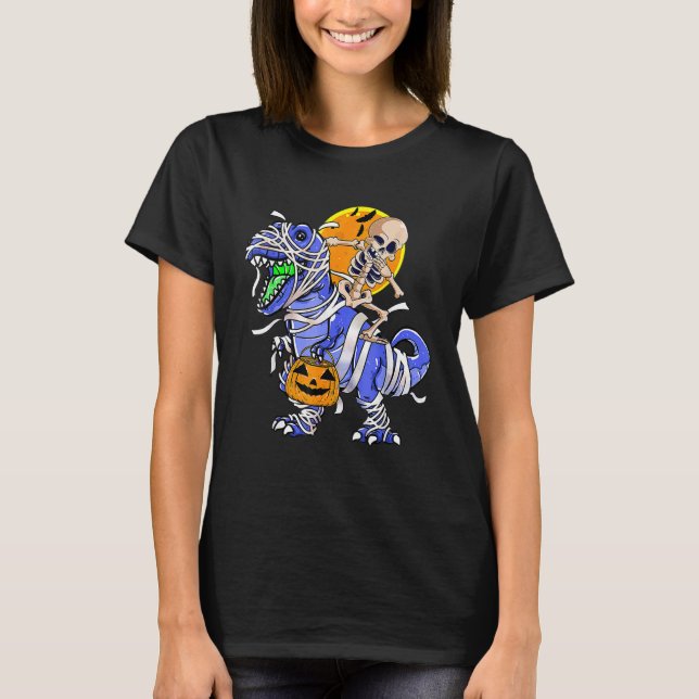 Camiseta Skeleton Riding Mummy Dinosaur T rex Halloween Div (Anverso)