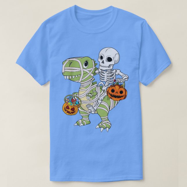 Camiseta Skeleton Riding Mummy Dinosaur T rex Halloween Div (Diseño del anverso)
