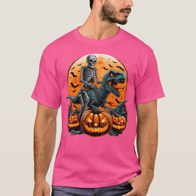 Camiseta Skeleton Riding Mummy Dinosaur T Rex Halloween Div (Anverso)