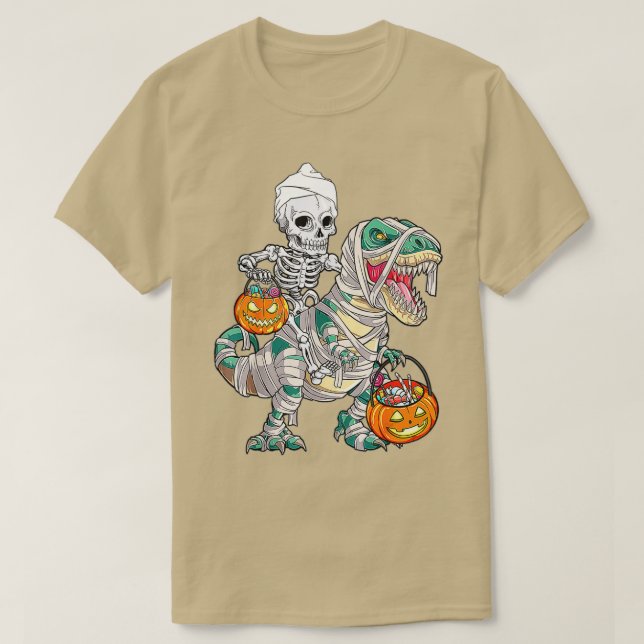 Camiseta Skeleton Riding Mummy Dinosaur T Rex Halloween Div (Diseño del anverso)