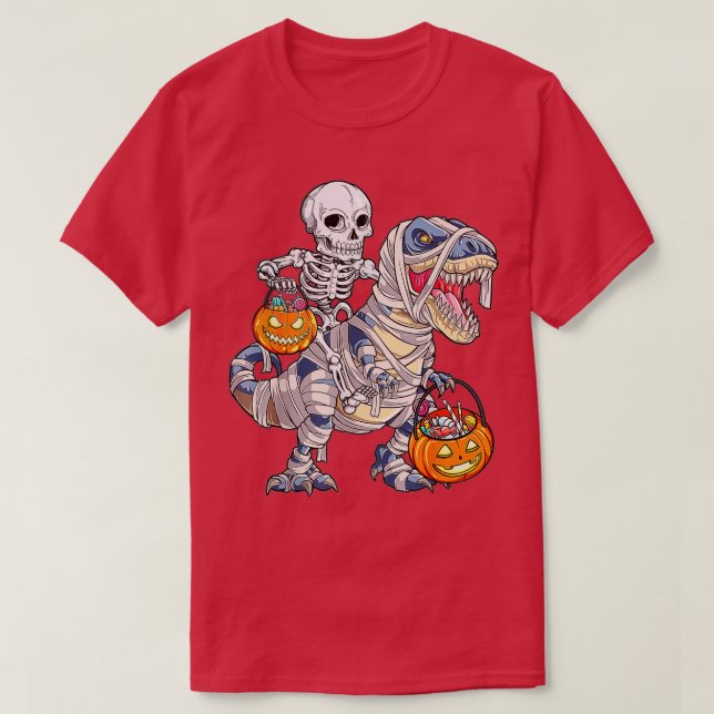 Camiseta Skeleton Riding Mummy Dinosaur T rex Halloween Div (Diseño del anverso)