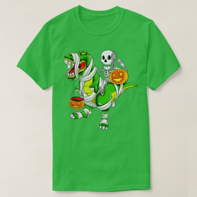 Camiseta Skeleton Riding Mummy Dinosaur T rex Halloween Div (Diseño del anverso)