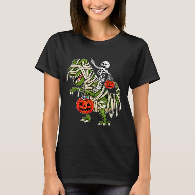 Camiseta Skeleton Riding Mummy Dinosaur T rex Halloween Div (Anverso)
