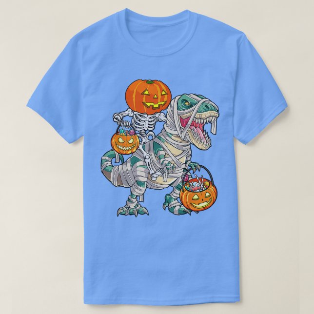 Camiseta Skeleton Riding Mummy Dinosaur T rex Halloween Div (Diseño del anverso)