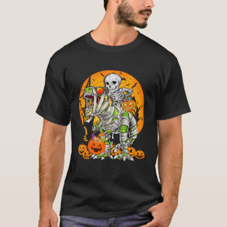 Camiseta Skeleton Riding Mummy Dinosaur T Rex Halloween Div