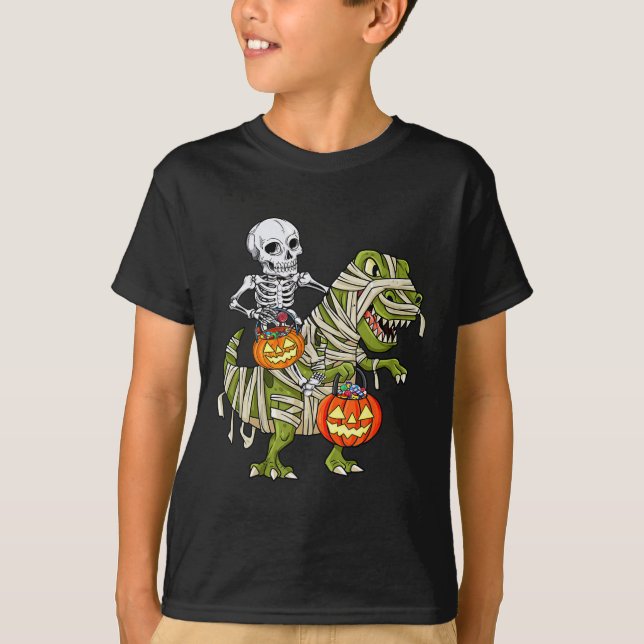Camiseta Skeleton Riding Mummy Dinosaur T Rex Halloween Fun (Anverso)