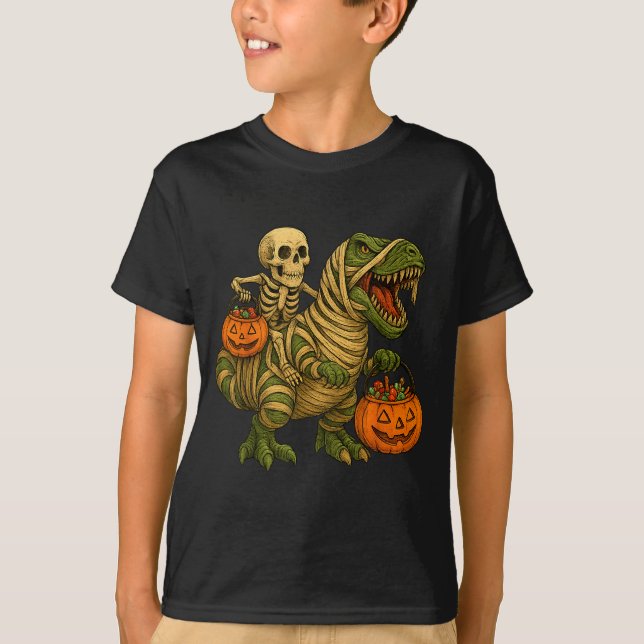 Camiseta Skeleton Riding Mummy Dinosaur T Rex Halloween Fun (Anverso)