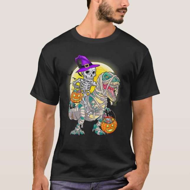 Camiseta Skeleton Riding Mummy Dinosaur T Rex Halloween Fun (Anverso)