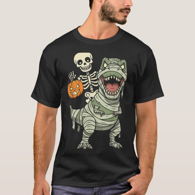 Camiseta Skeleton Riding Mummy Dinosaur T Rex Halloween Fun (Anverso)