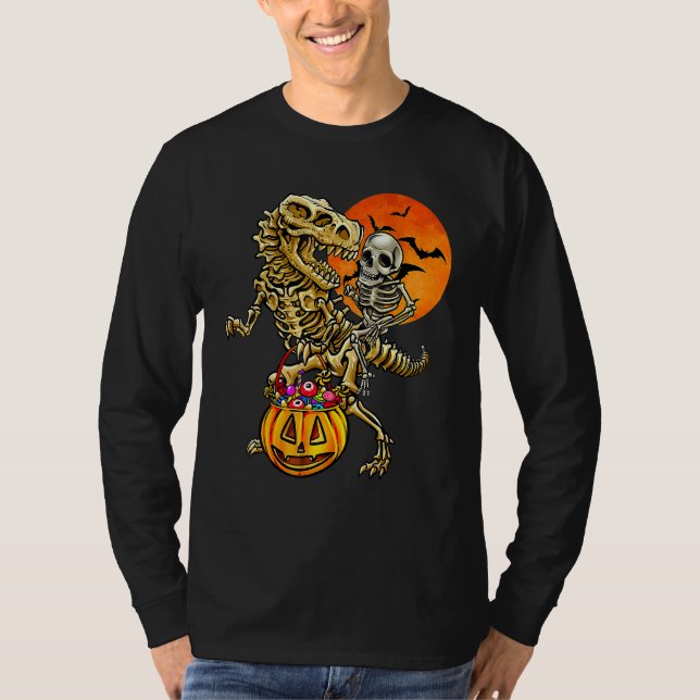 Camiseta Skeleton Riding Mummy Dinosaur T Rex Halloween Kid (Anverso)