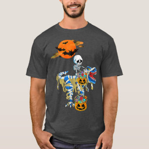 Camiseta Skeleton Riding Mummy Dinosaur T Rex Halloween Pum