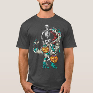 Camiseta Skeleton Riding Mummy Dinosaur T rex Halloween Pum