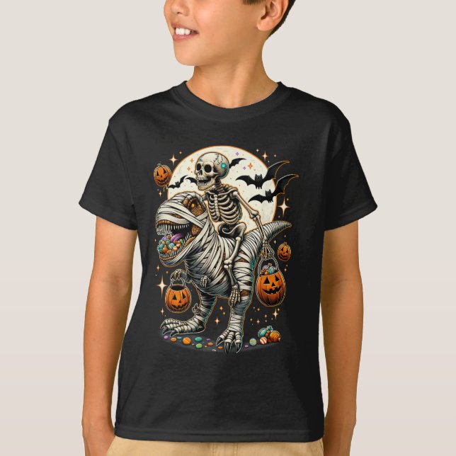Camiseta Skeleton Riding Mummy Dinosaur T Rex Kids Boys Men (Anverso)