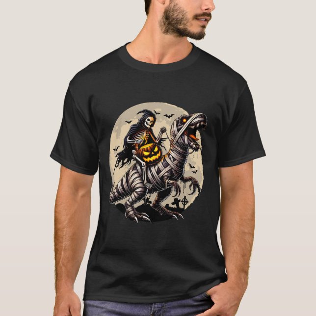 Camiseta Skeleton Riding Mummy Dinosaur T Rex Pumpkin Funny (Anverso)
