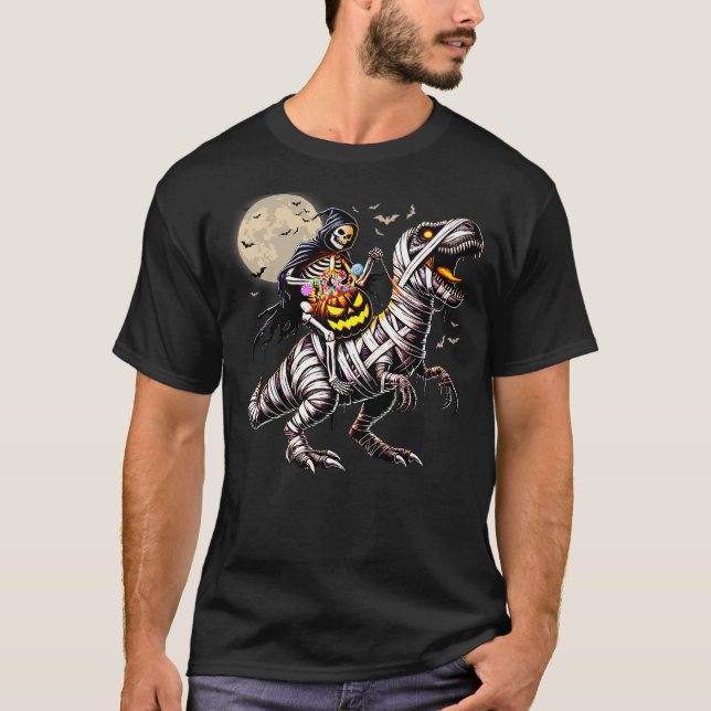 Camiseta Skeleton Riding Mummy Dinosaur T Rex Pumpkin Funny (Anverso)