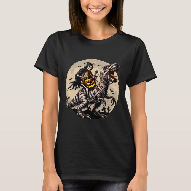 Camiseta Skeleton Riding Mummy Dinosaur T Rex Pumpkin Funny (Anverso)