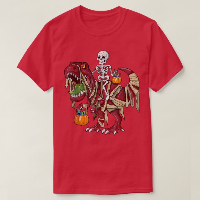 Camiseta Skeleton Riding Mummy Dinosaur T Rex Pumpkin Funny (Diseño del anverso)