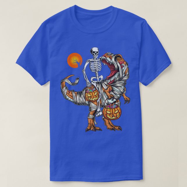 Camiseta Skeleton Riding Mummy Dinosaur T Rex Pumpkin Funny (Diseño del anverso)
